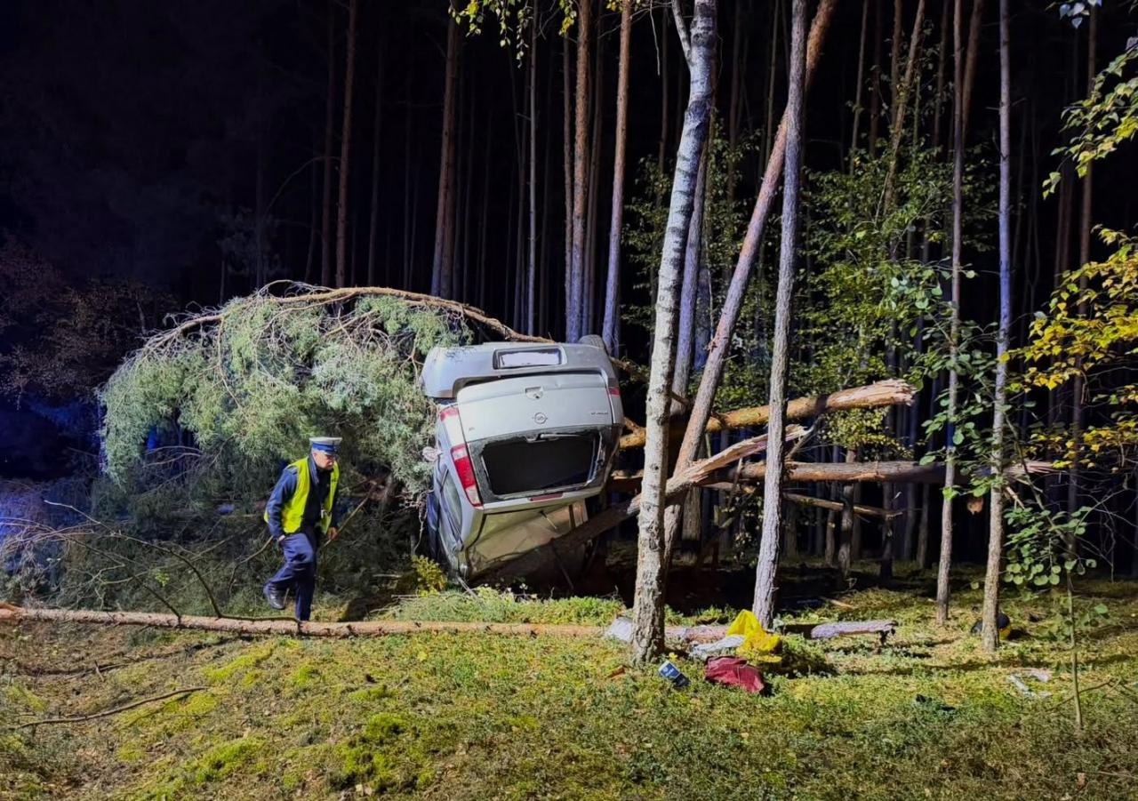 Groźnie wyglądający wypadek w regionie. Auto wypadło z drogi i zawisło na połamanych drzewach – zdjęcie artykułu z Lubon.net.pl